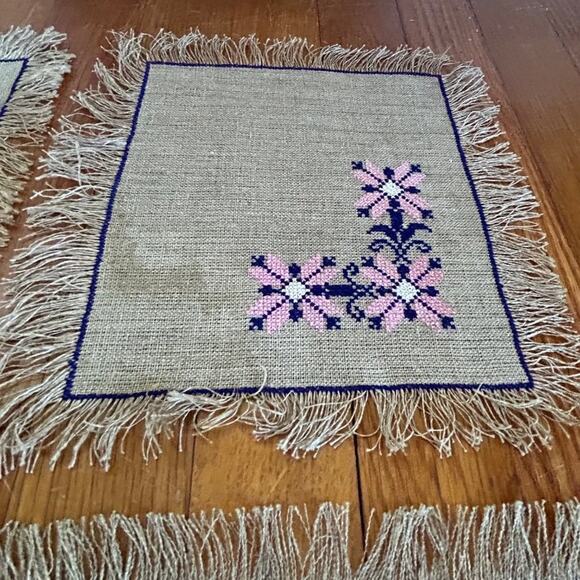 Vintage Pink Floral Embroidered 10”x10” Placemats on Burlap with Fringed Edge - Picture 7 of 9